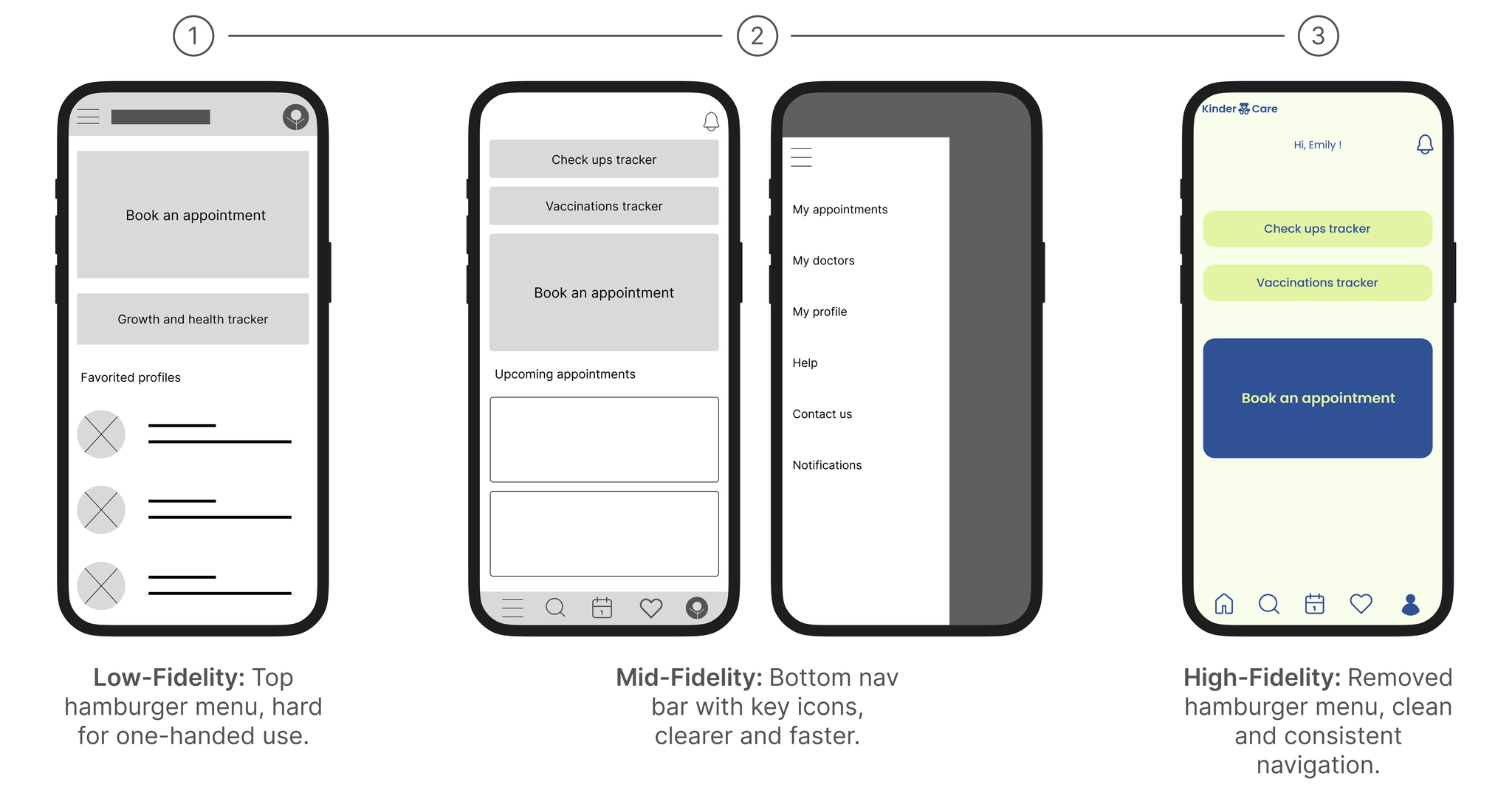 Navigation wireframe iterations